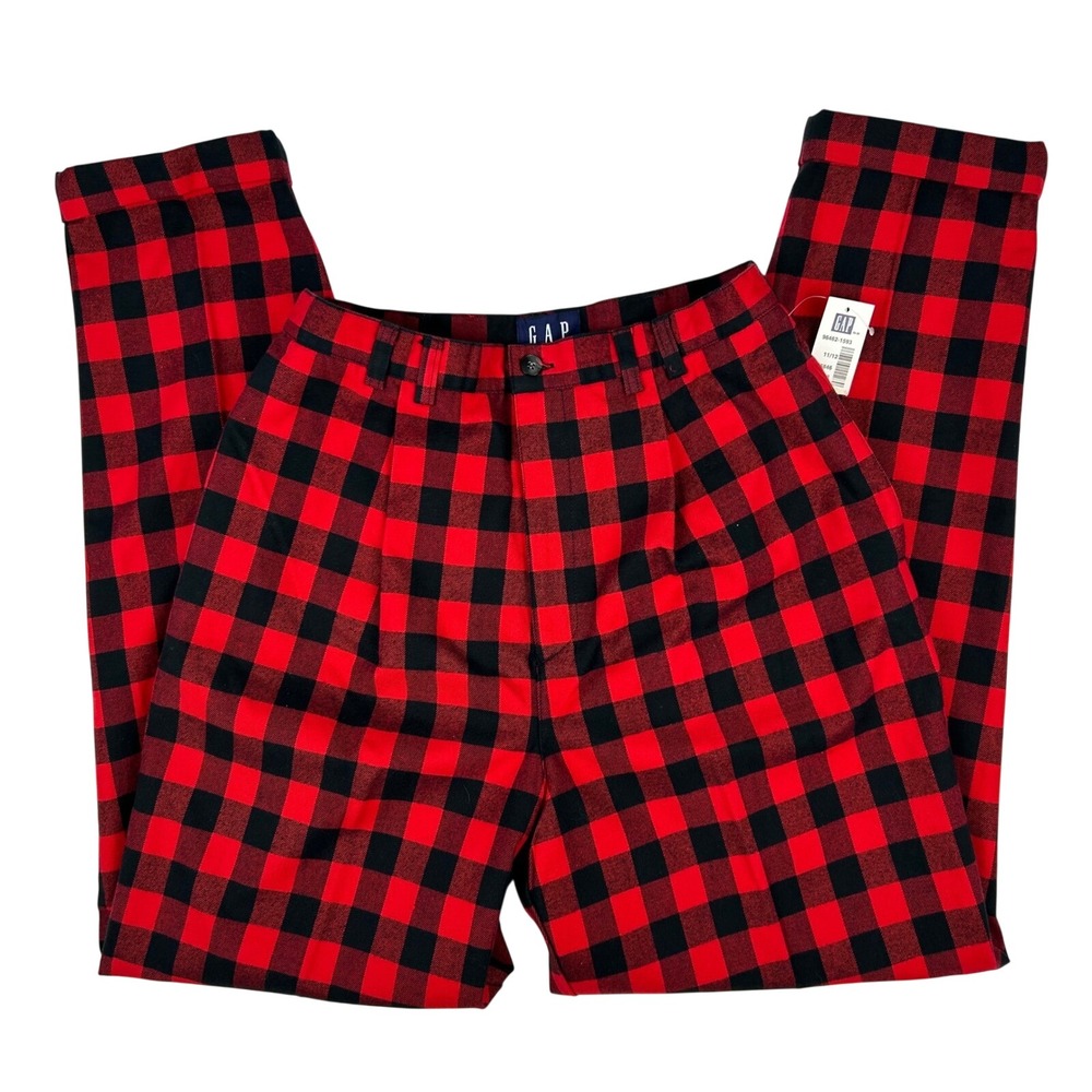 Gap Womens Red Black Buffalo Plaid Pleated High Waist Cotton Pants 11/12 Vintage
